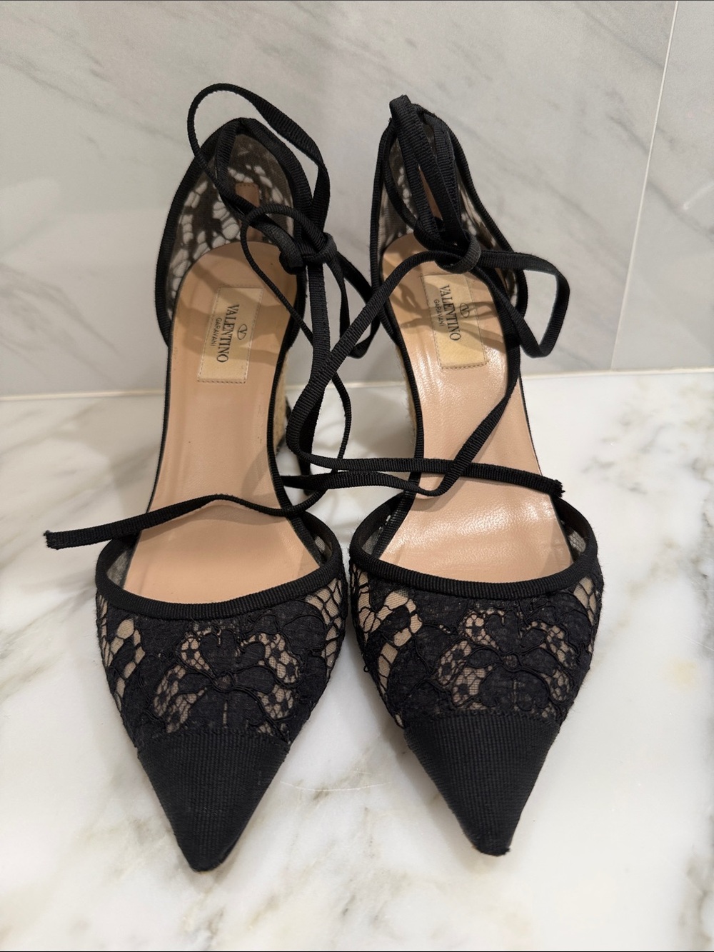Valentino Garavani Black Lace Pointed Toe Ankle Tie Pumps with Sheer Panels